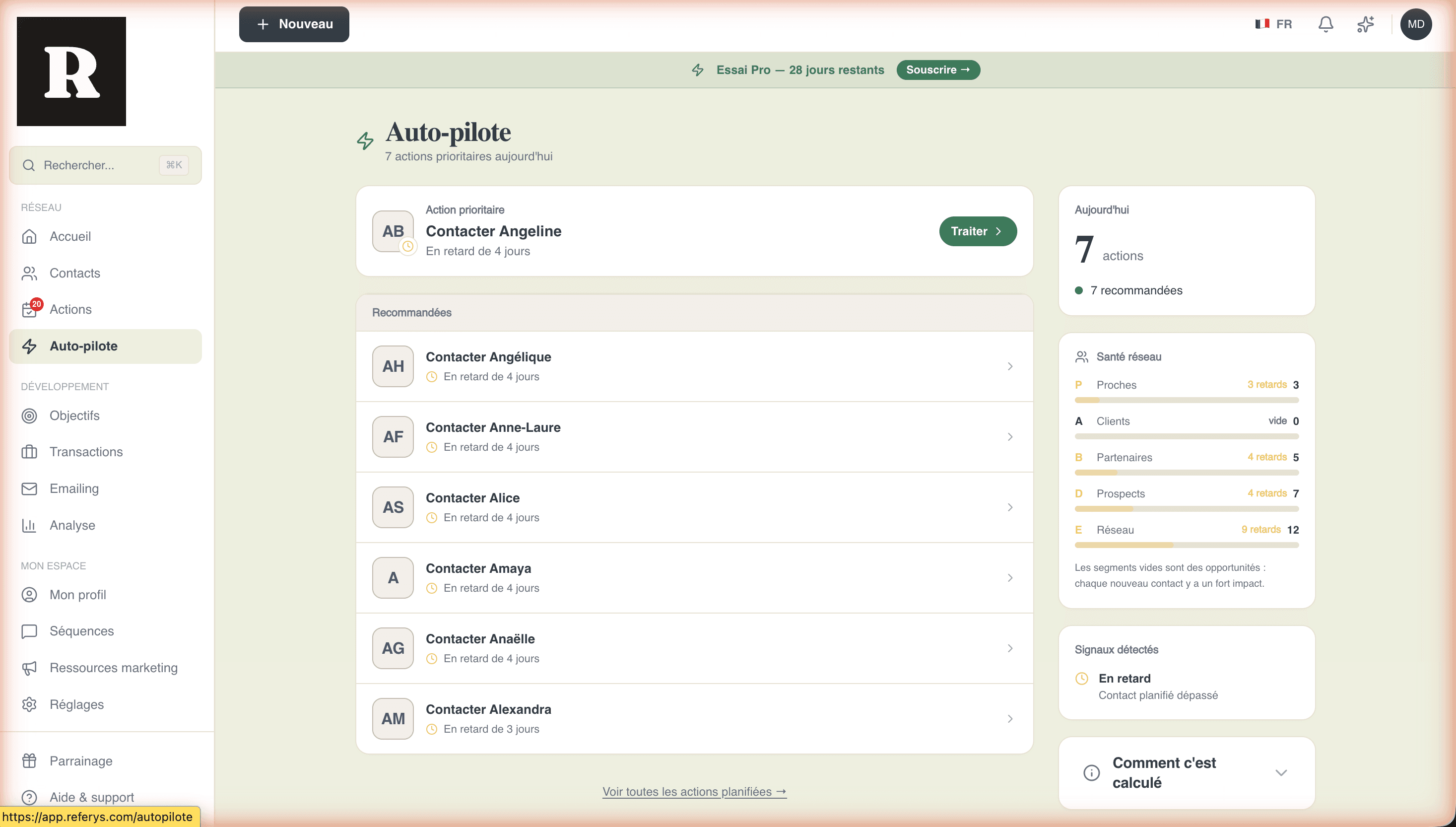 Referys autopilot, 7 priority actions of the day, referrals detected