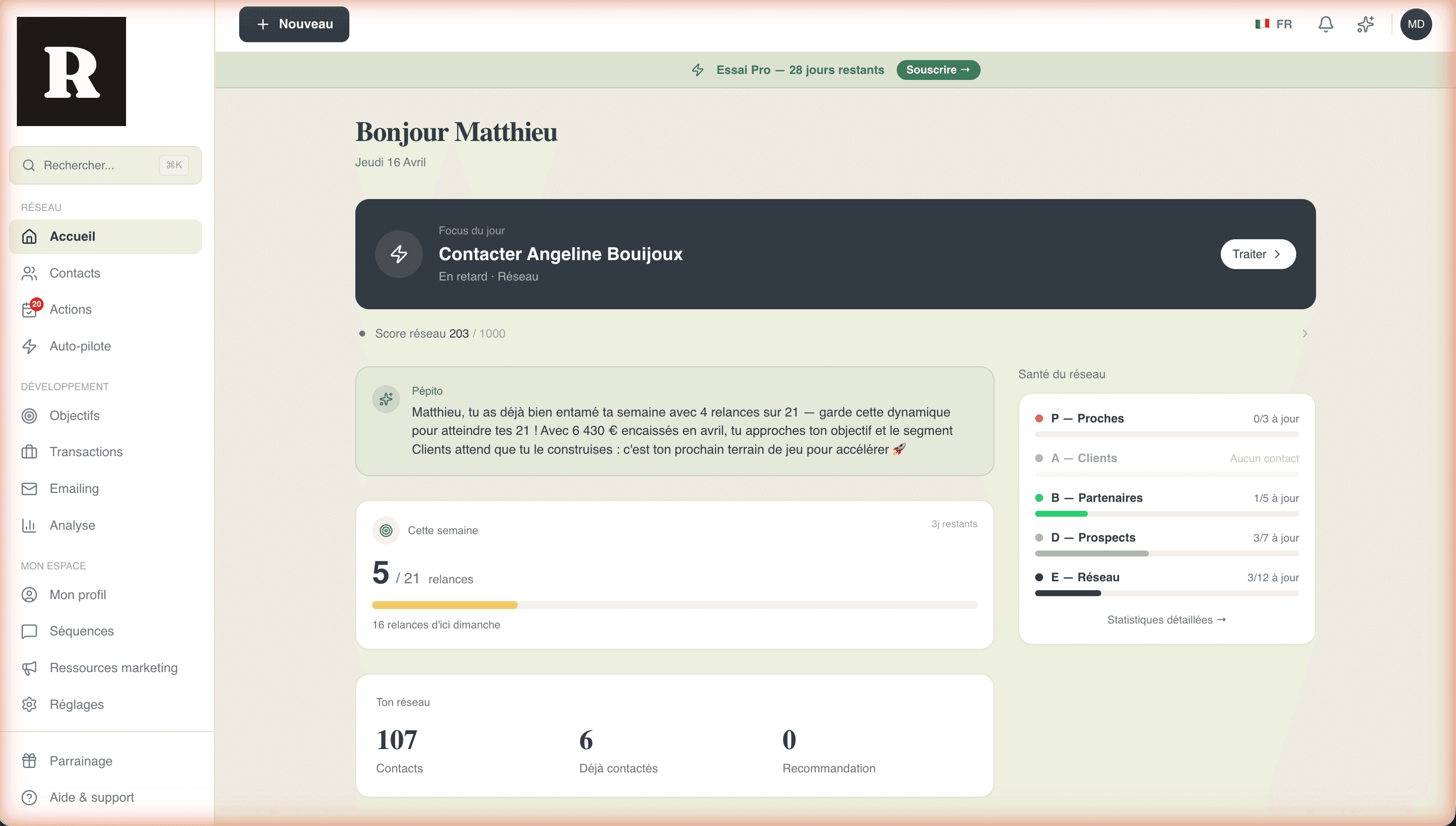 Dashboard Referys desktop — Pontuação da rede 130, foco do dia, Pépito coach IA