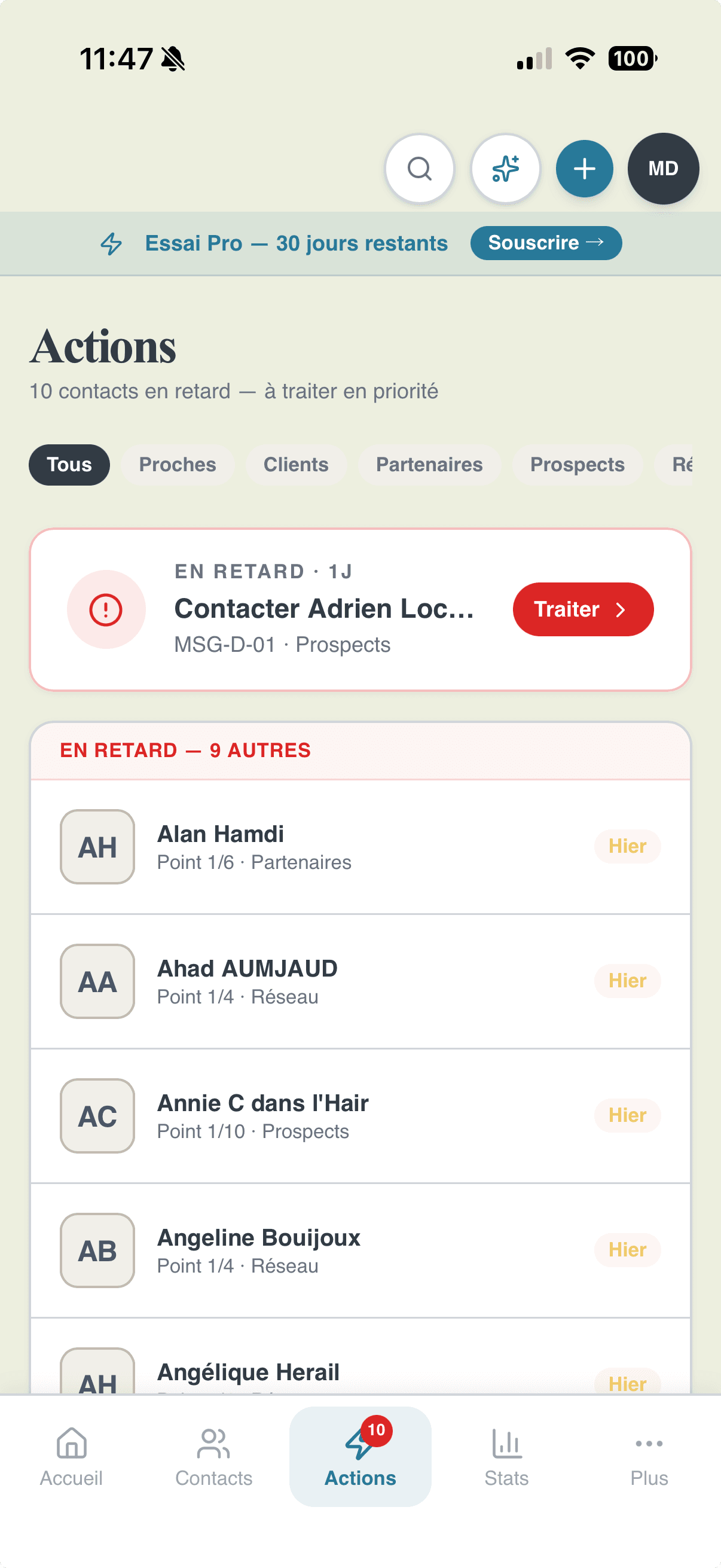 Actions du jour — contacts prioritaires