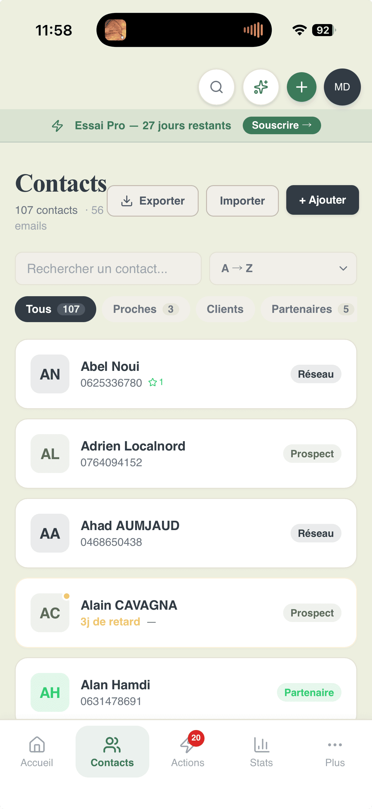 Contacts list, 107 contacts, segments, filters, overdue items