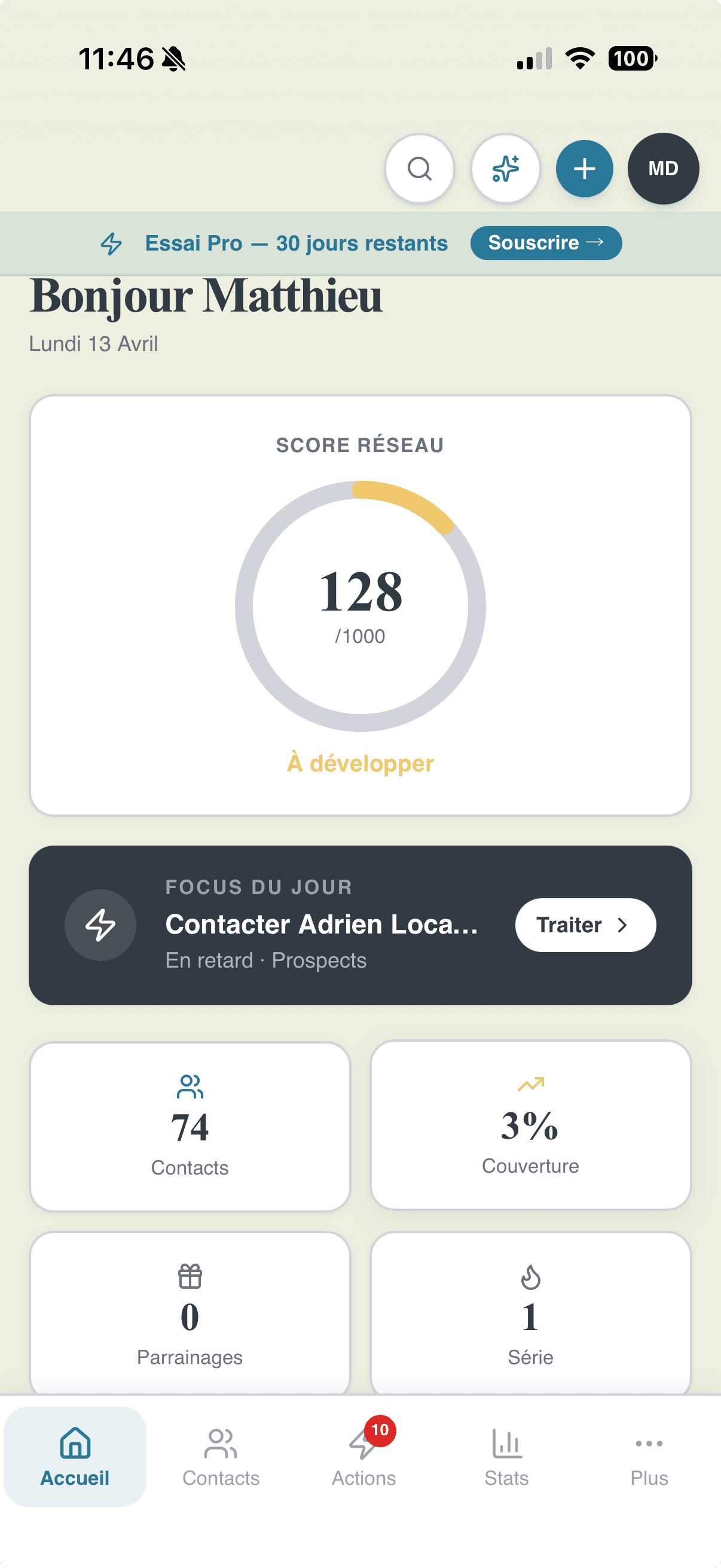 Dashboard Referys mobile — Score réseau, actions du jour