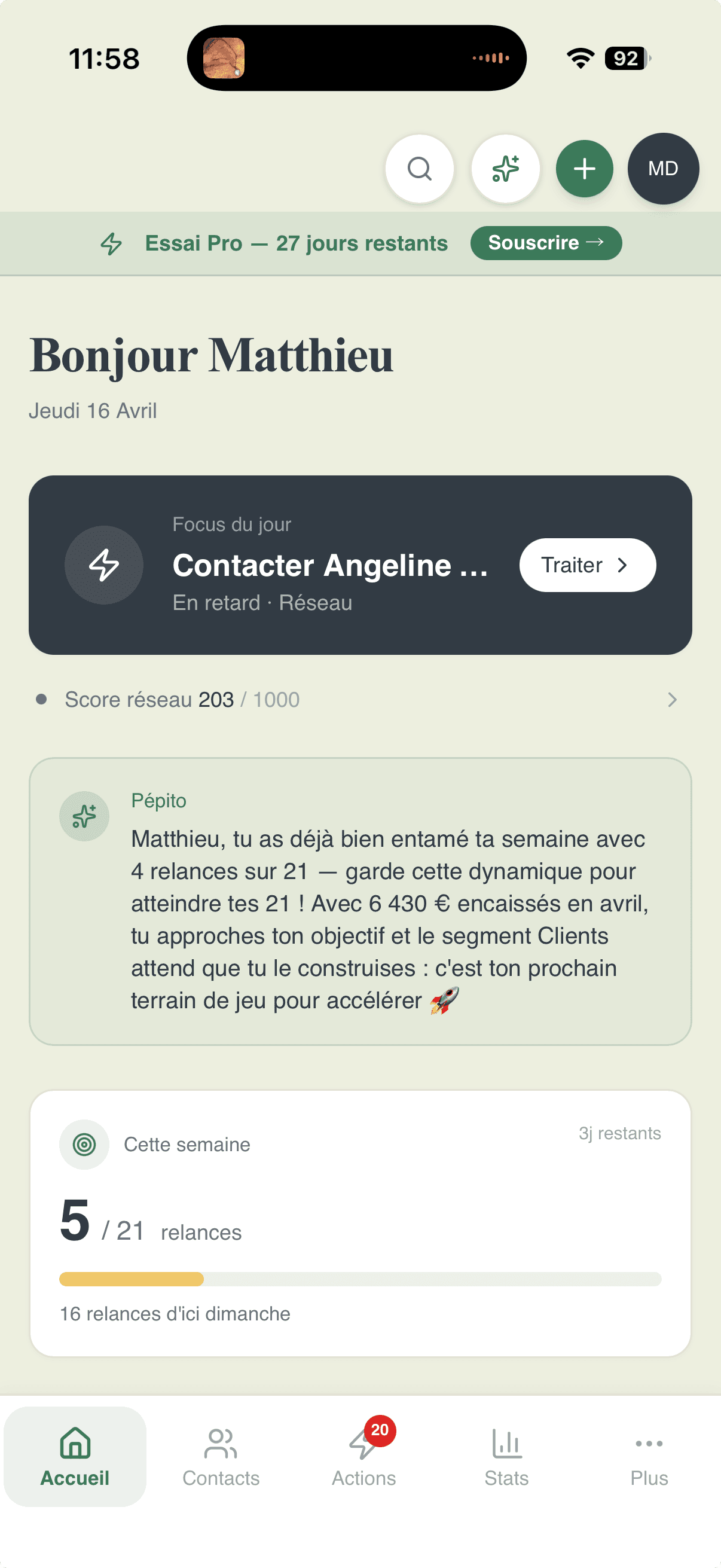Referys dashboard, network score, Pepito, follow-ups of the week