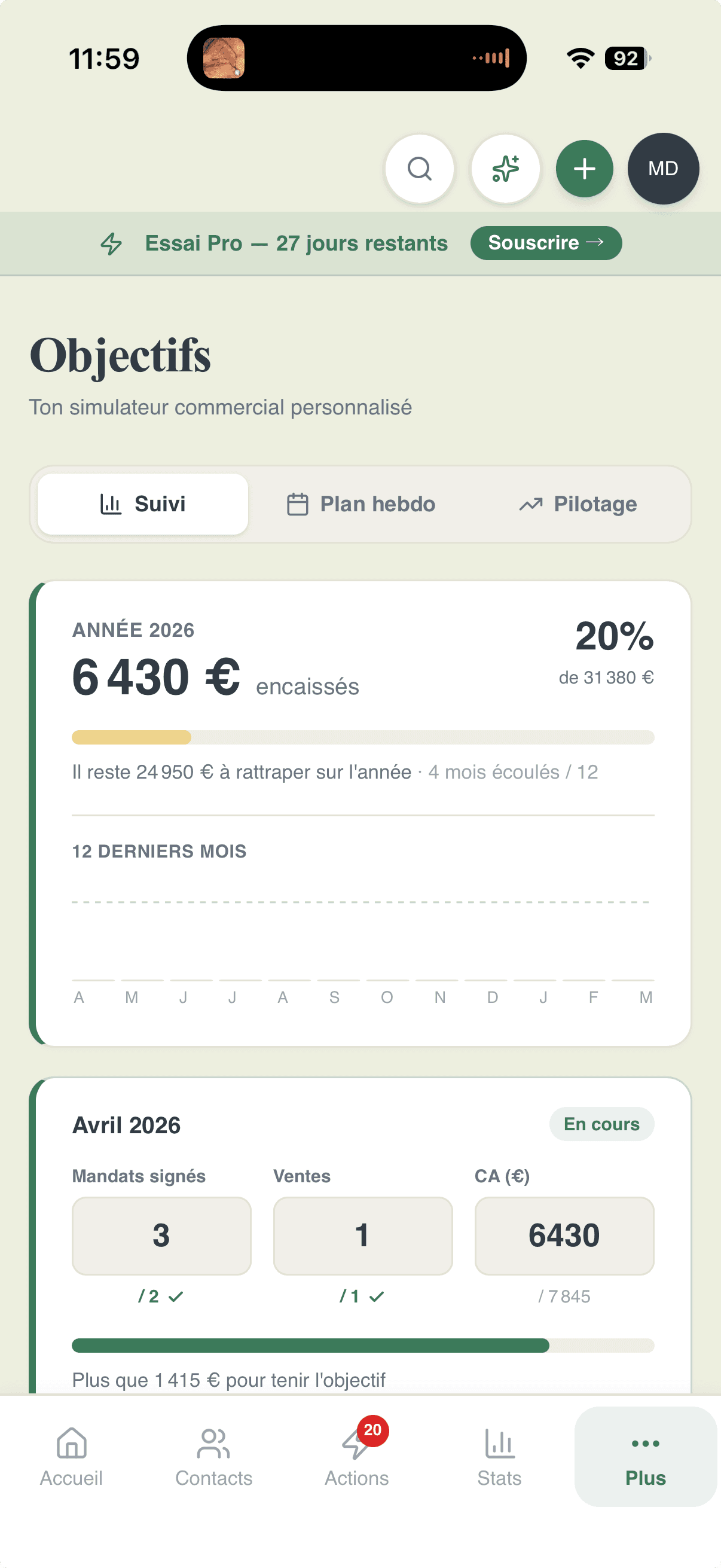 Referys goals screen mobile, progress gauge, gap to goal and key monthly numbers