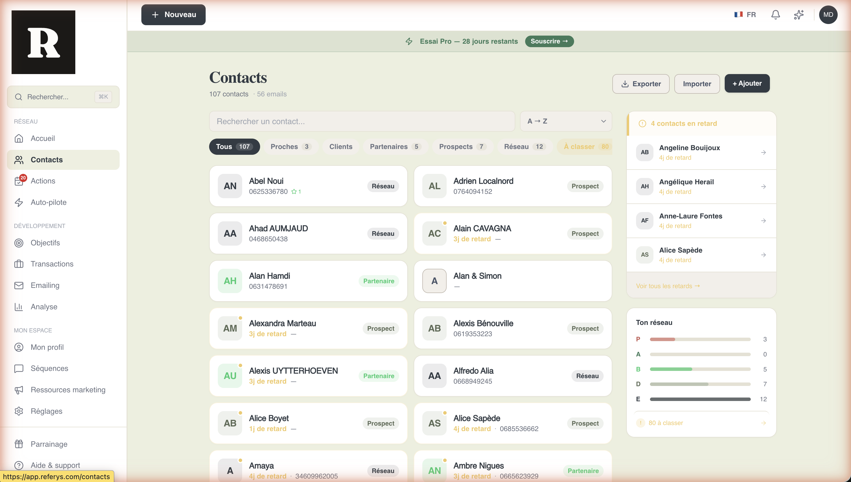 Page contacts Referys — 107 contacts, segments, panneau retards